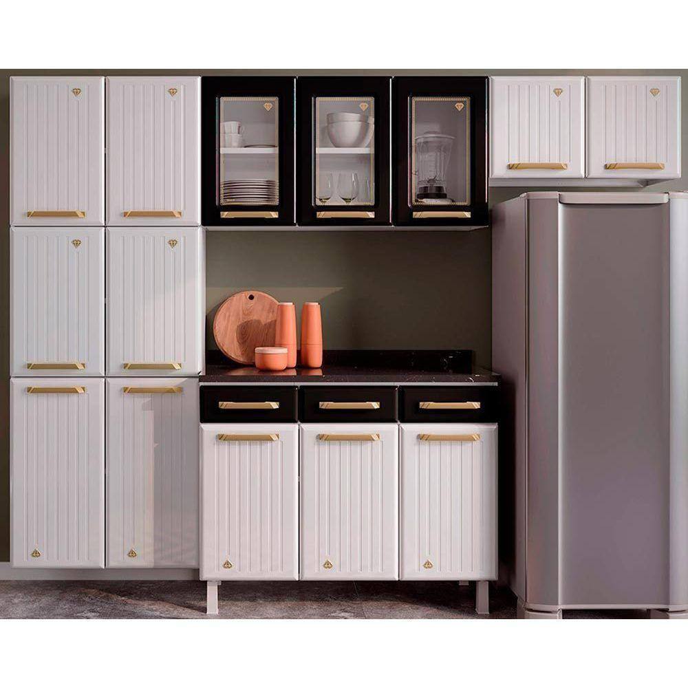 Kit De Cozinha Modulada 4pçs 3 Portas Vidro 2 Armários 1 Balcão 1 Paneleiro Branco/Preto Telasul