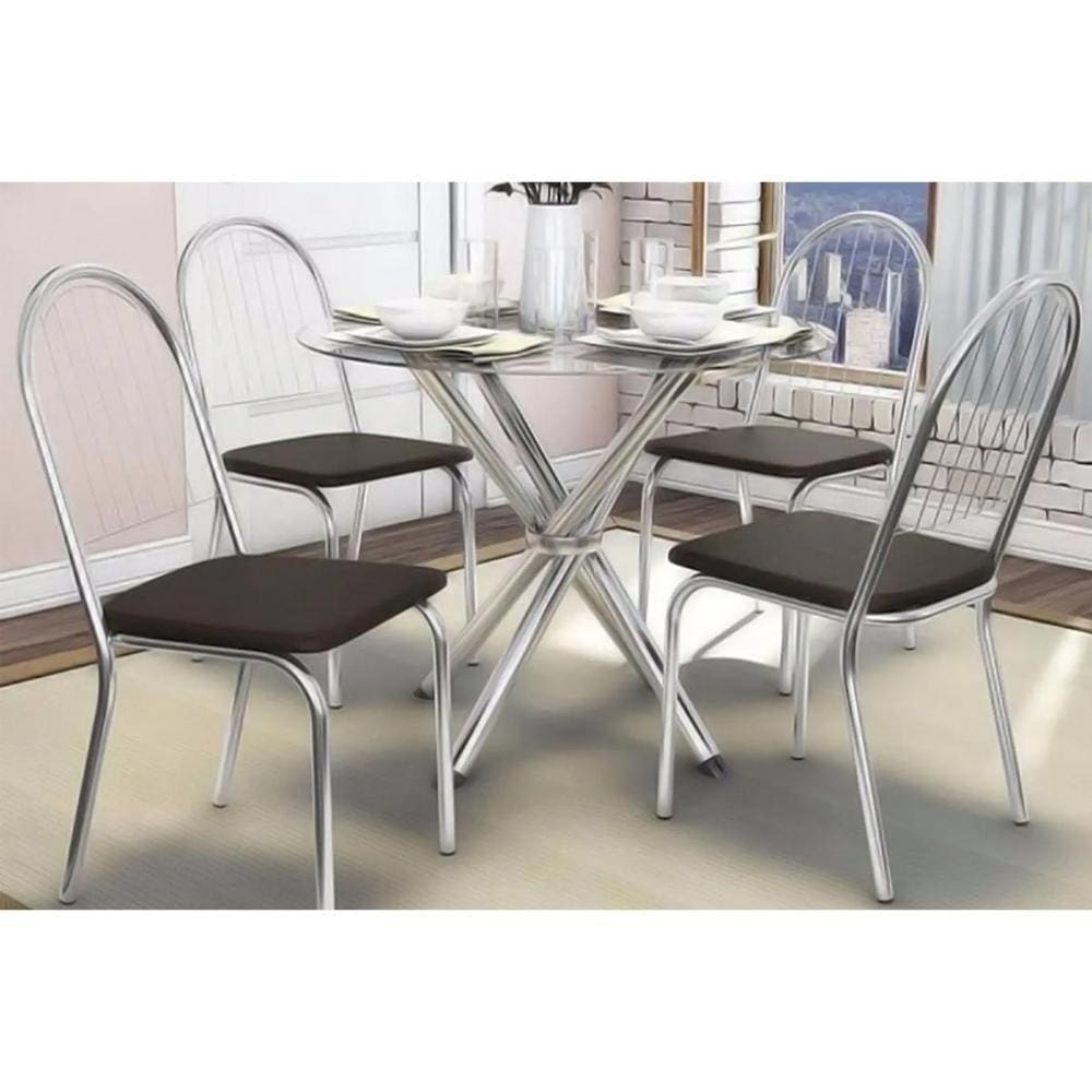 Kit Mesa Volga C- Tampo de Vidro 95cm + 4 Cadeiras Noruega Cromada Assento Preto