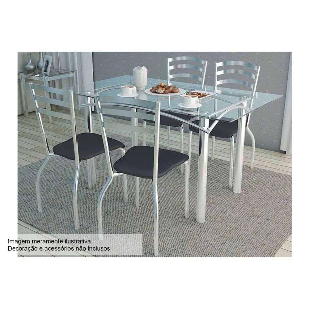 Kit Mesa Elba C- Tampo de Vidro 120cm + 4 Cadeiras Portugal Cromada Preto