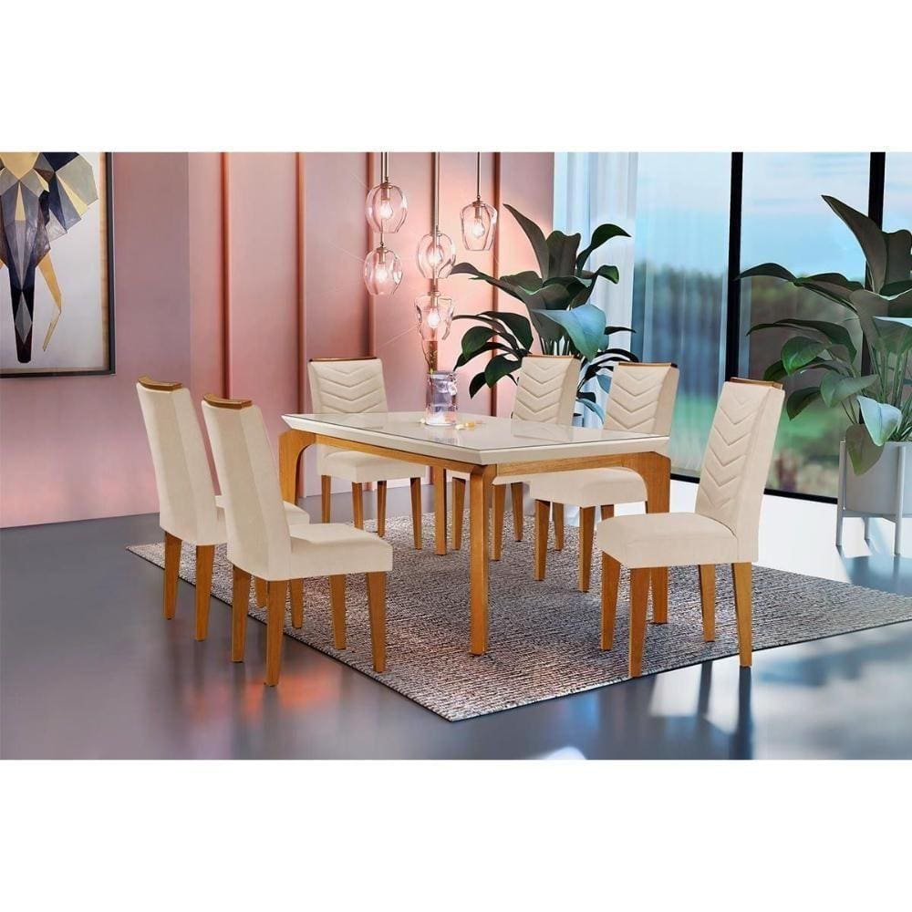 Kit Mesa Londrina C- Tampo Vidro 180cm + 6 Cadeiras Londrina Imbuia Veludo Creme