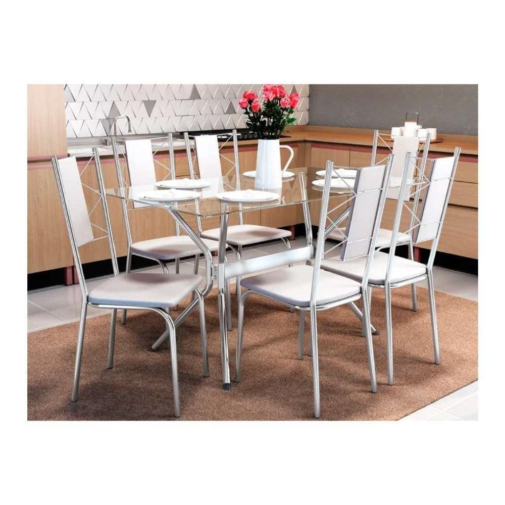 Kit Mesa Loire C- Tampo Vidro 150cm + 6 Cadeiras Lisboa Cromado Courano Branco