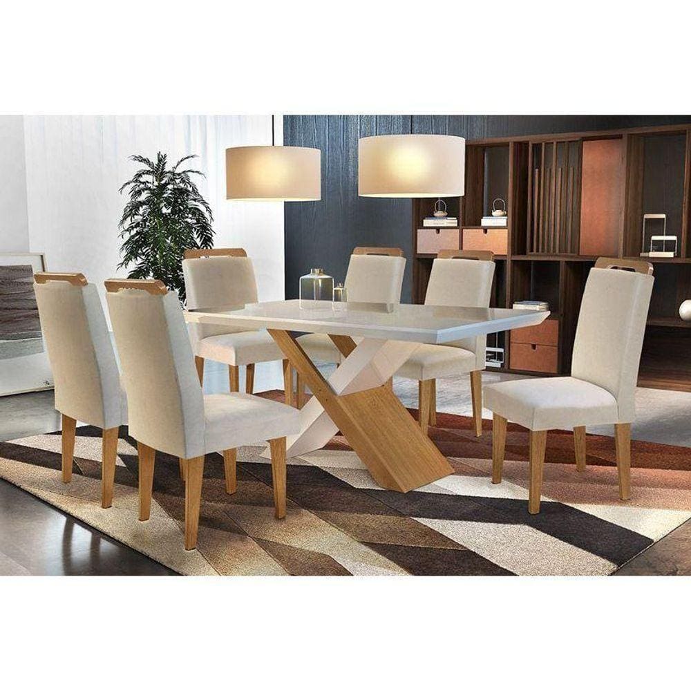 Kit Mesa Tampo 180cm Canto Reto + 6 Cadeiras Imbuia Creme
