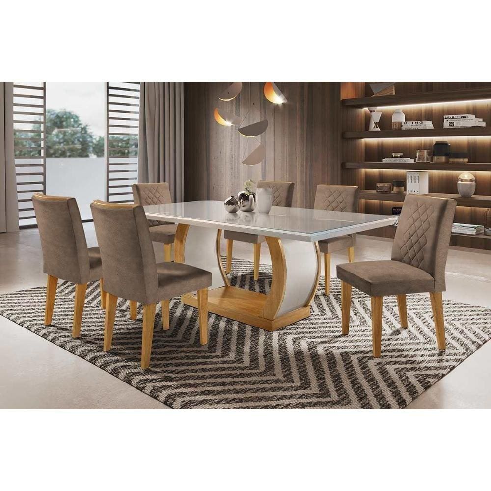 Kit Mesa C- Tampo Vidro Canto Curvo 180cm + 6 Cadeiras Imbuia Chocolate