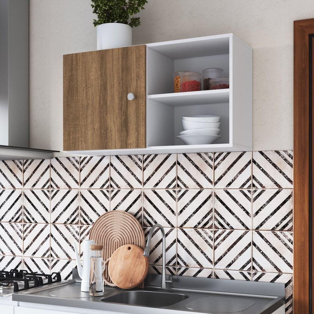 Armario Aéreo Multiuso uma Porta e uma Prateleira 90cm Branco/Mel