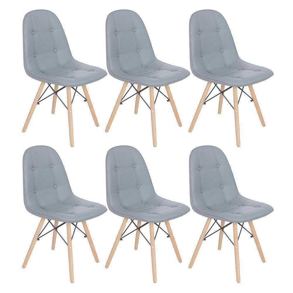 Kit 6 Cadeiras Estofadas Charles Eames Eiffel Botonê Com Pés De Madeira Clara Cinza Médio