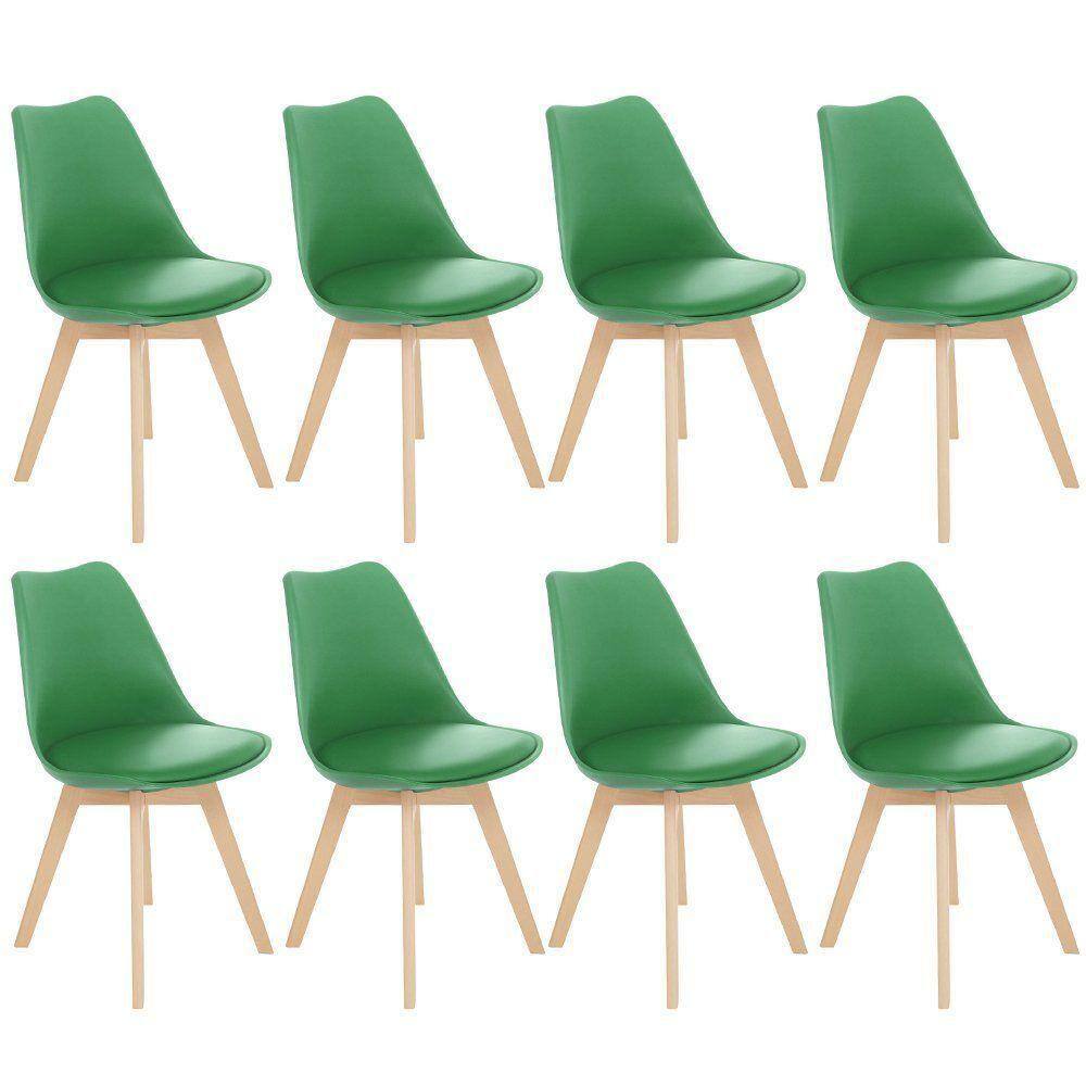 Kit 8 Cadeiras Jantar Cozinha Leda Eames Com Assento Estofado Verde Bandeira
