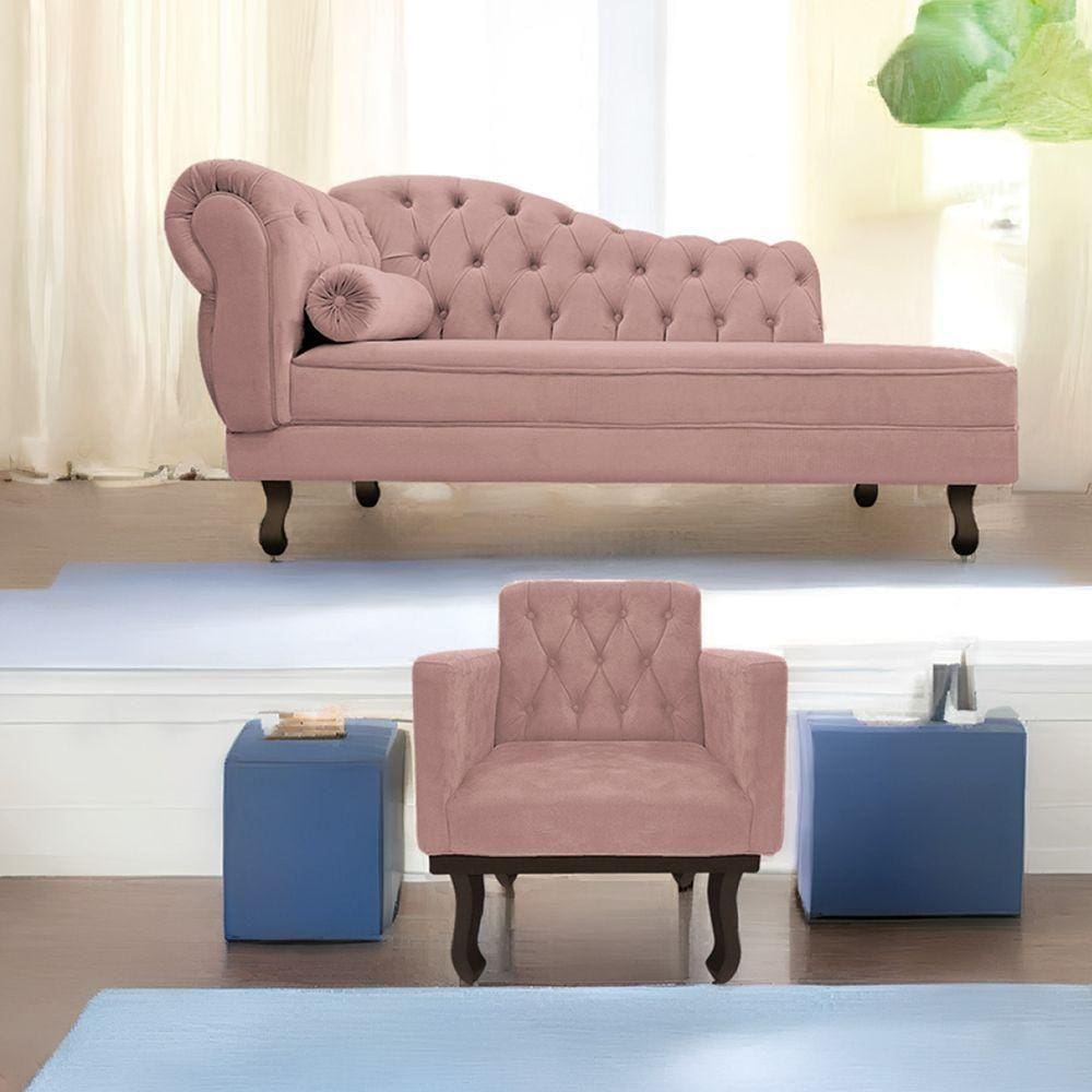 Kit Diva Recamier Diana 160Cm Lado Direito E 01 Poltrona Classic Linho - Doce Sonho Móveis Rosê