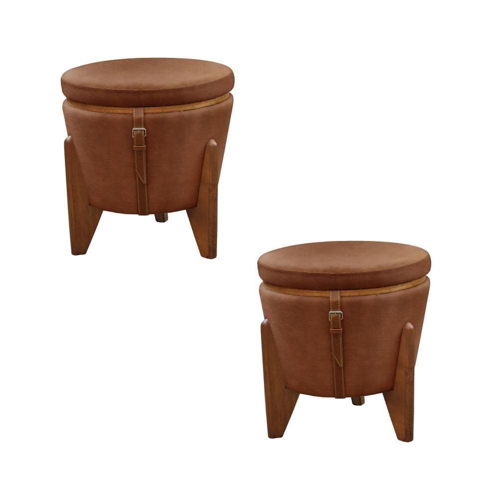 Conjunto - 2 Puffs Banqueta Fênix Baú Mesa Castellar Móbile Corino Caramelo