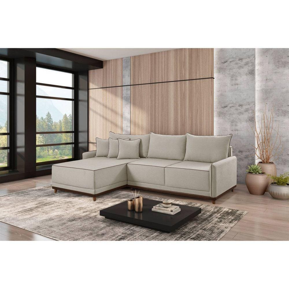 Sofá Linho 3 Lugares 264cm com Chaise Lado Esquerdo Barra Creme