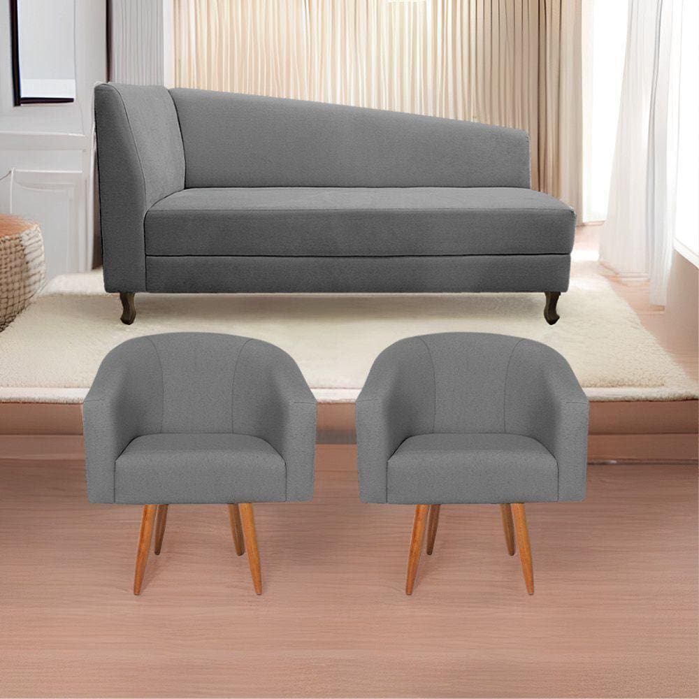Kit Diva Recamier Heitor 160Cm Lado Direito E 02 Poltronas Luiza Suede - Doce Sonho Móveis Cinza