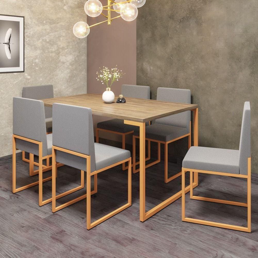 Conjunto de Mesa com 6 Cadeiras Bruna Cinza e Estampa Capitonê