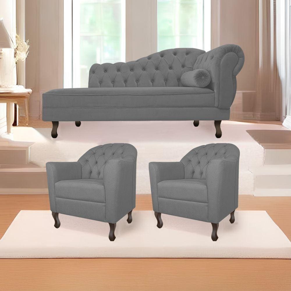 Kit Diva Recamier Diana 130Cm Lado Esquerdo E 02 Poltronas Julia Suede - Doce Sonho Móveis Cinza