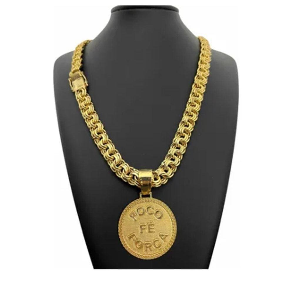 Cordão Corrente Banhado Ouro Foco Força Fé 12mm C- Pingente