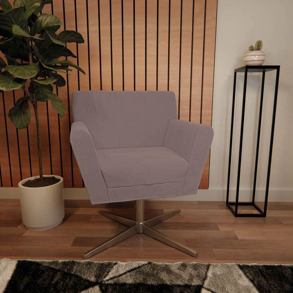 Poltrona Laura Base Giratória De Metal Linho - Doce Sonho Móveis Rosê