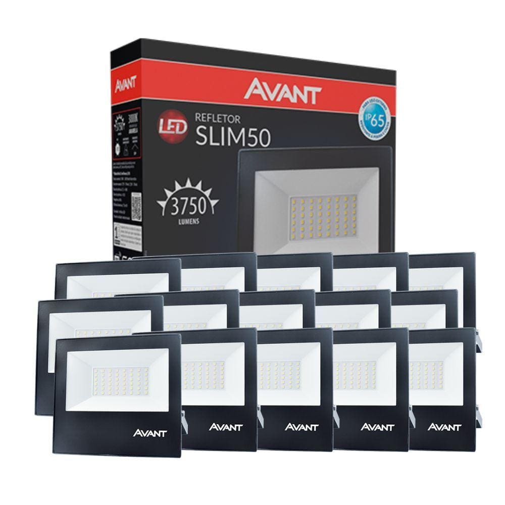 Refletor Led Avant 50W 3000K Bivolt Preto 15 Unidades