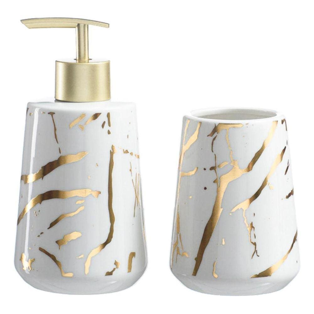 Conjunto Banheiro Elegante Porc. Dourado Dispenser Sabonete
