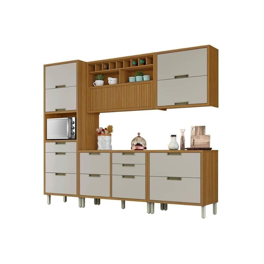 Cozinha Modulada Completa Imperatriz 5pçs 2 Balcões 2 Aéreos+ Paneleiro Freijo/Off White