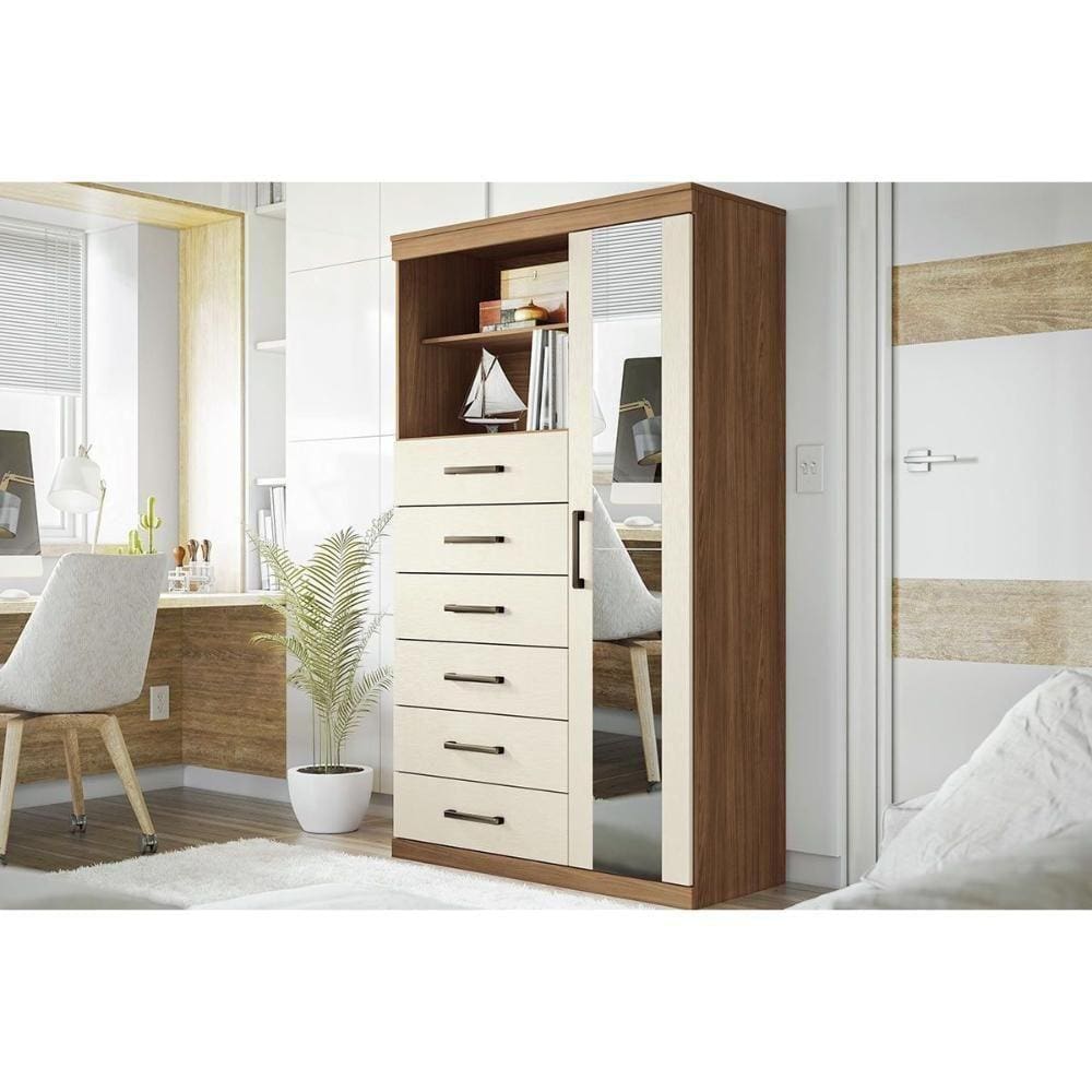 Cômoda Casal Marabá 1.6 C- 1 Porta 2 Nichos E 6 Gavetas C- Espelho Jatoba-areia - Santos Andirá