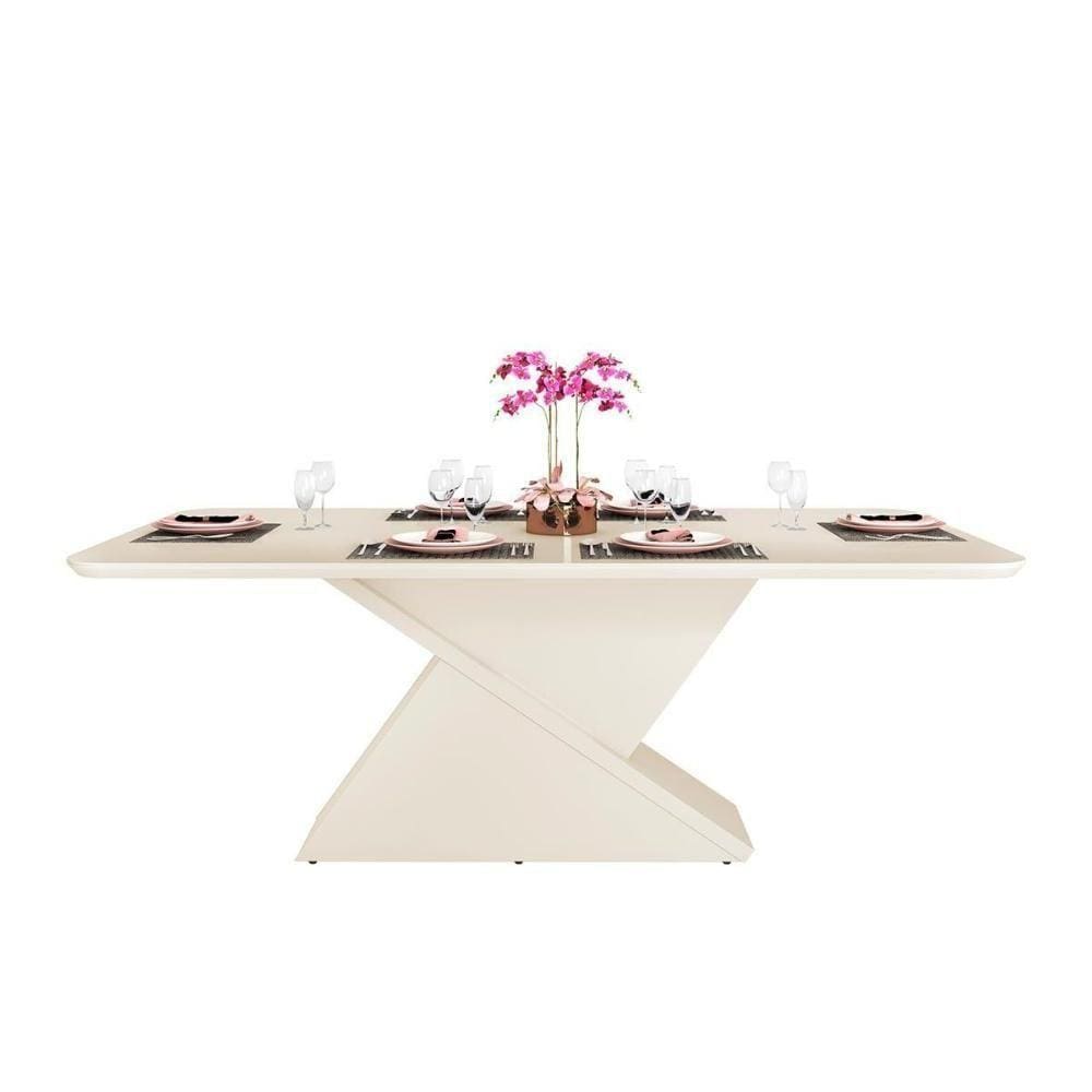 Mesa De Sala Jantar Zafira + Tampo Madeirado Vidro Curvo 200x100cm Off White - Dj Móveis