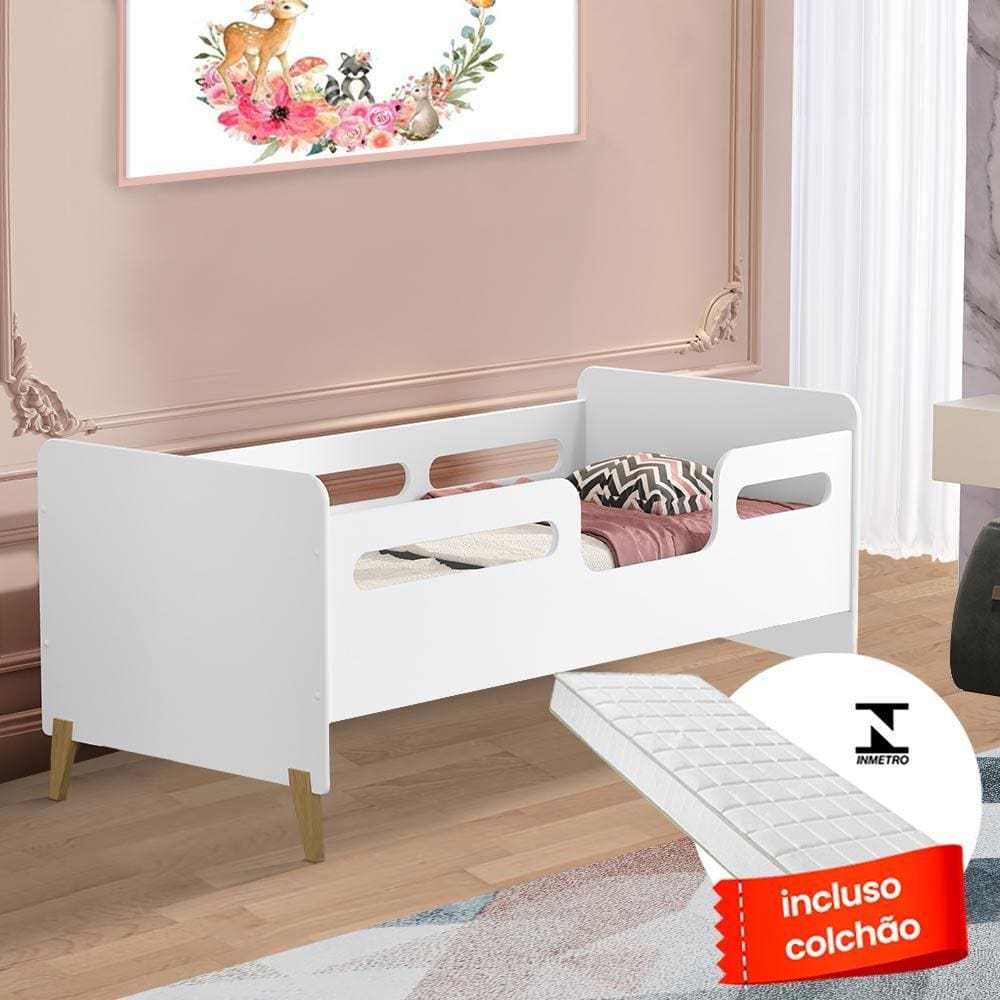 Cama Infantil Com Grade E Colchão Branco Cecilia VJ Móveis