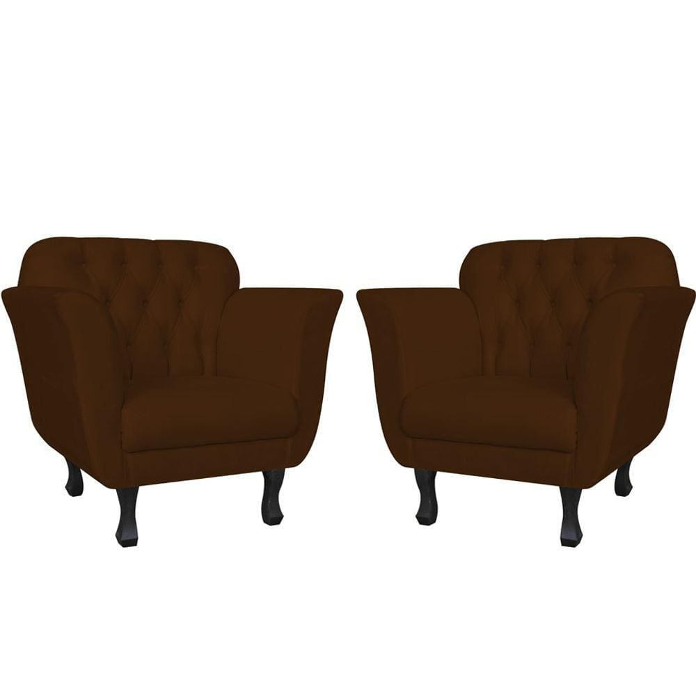 Kit 2 Poltronas Decorativa Dália Couro Marrom Pés Madeira Mz Decor