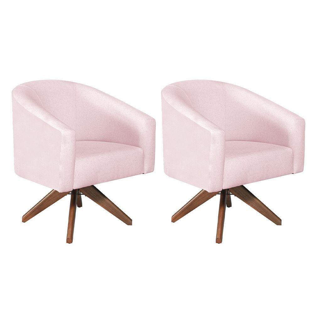 Kit 02 Poltronas Luiza Base Giratória De Madeira Suede Rosa Bebê
