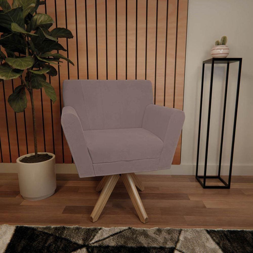 Poltrona Laura Base Giratória De Madeira Linho - Doce Sonho Móveis Rosê