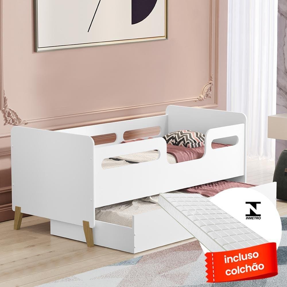 Cama Infantil Com Cama Auxiliar E Colchões Branco Cecilia VJ Móveis