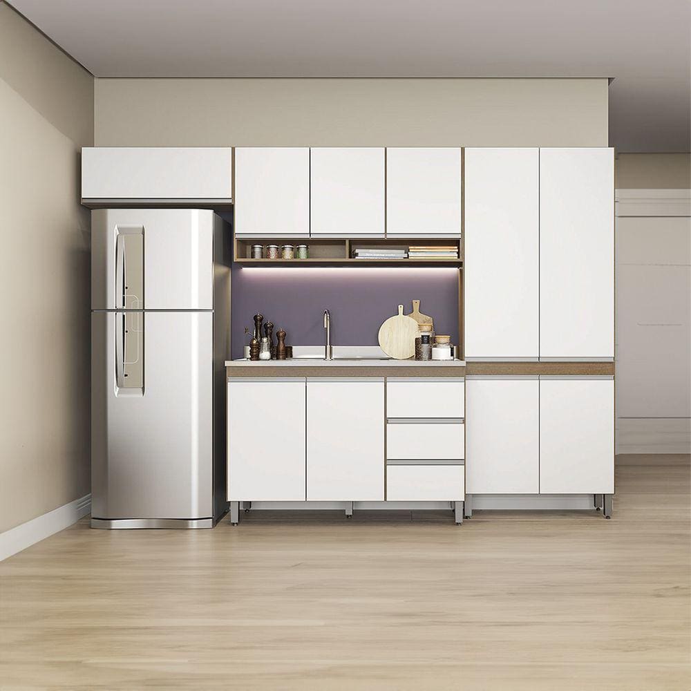 Cozinha Modulada Balcão Paneleiro Sabrina 280 x 202 Cm 4 Peças MDP Branco MENU