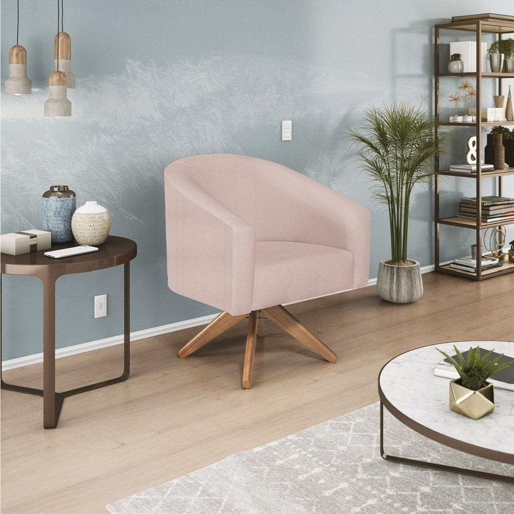 Poltrona Decorativa Luiza Base Giratória De Madeira Suede - Doce Sonho Móveis Rosê