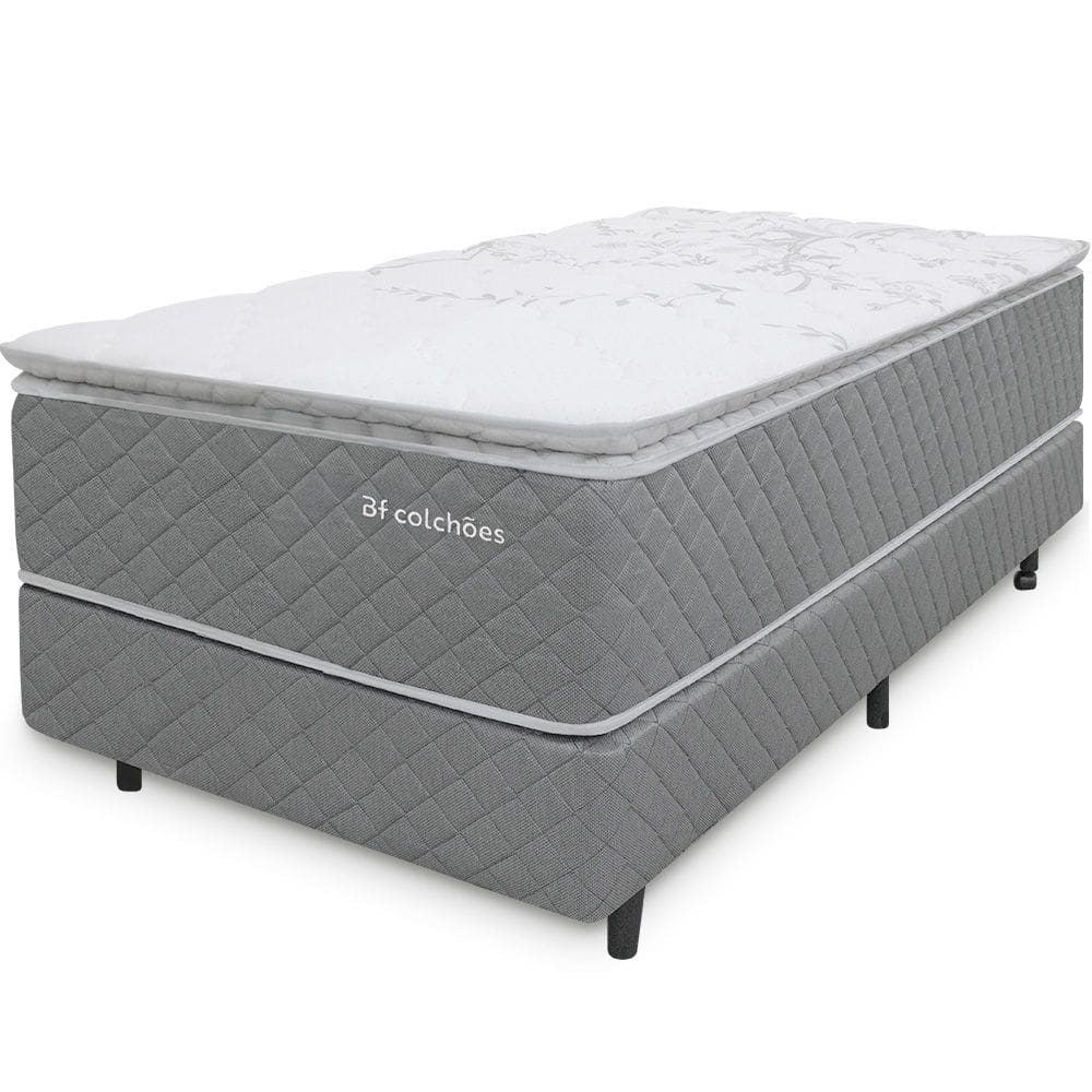 Cama Box com Colchão Solteiro Molas Ensacadas Pillow Top Premium Sleep Cinza 88x188cm BF Colchões
