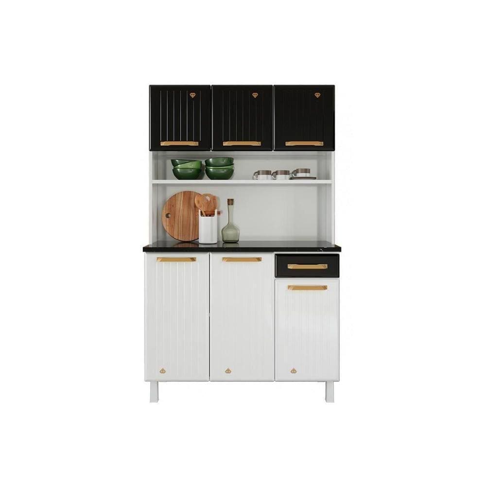 Armário Aéreo P/ Cozinha Diamante Smart C/ 6 Portas E 1 Gaveta 105cm Branco/preto - Telasul