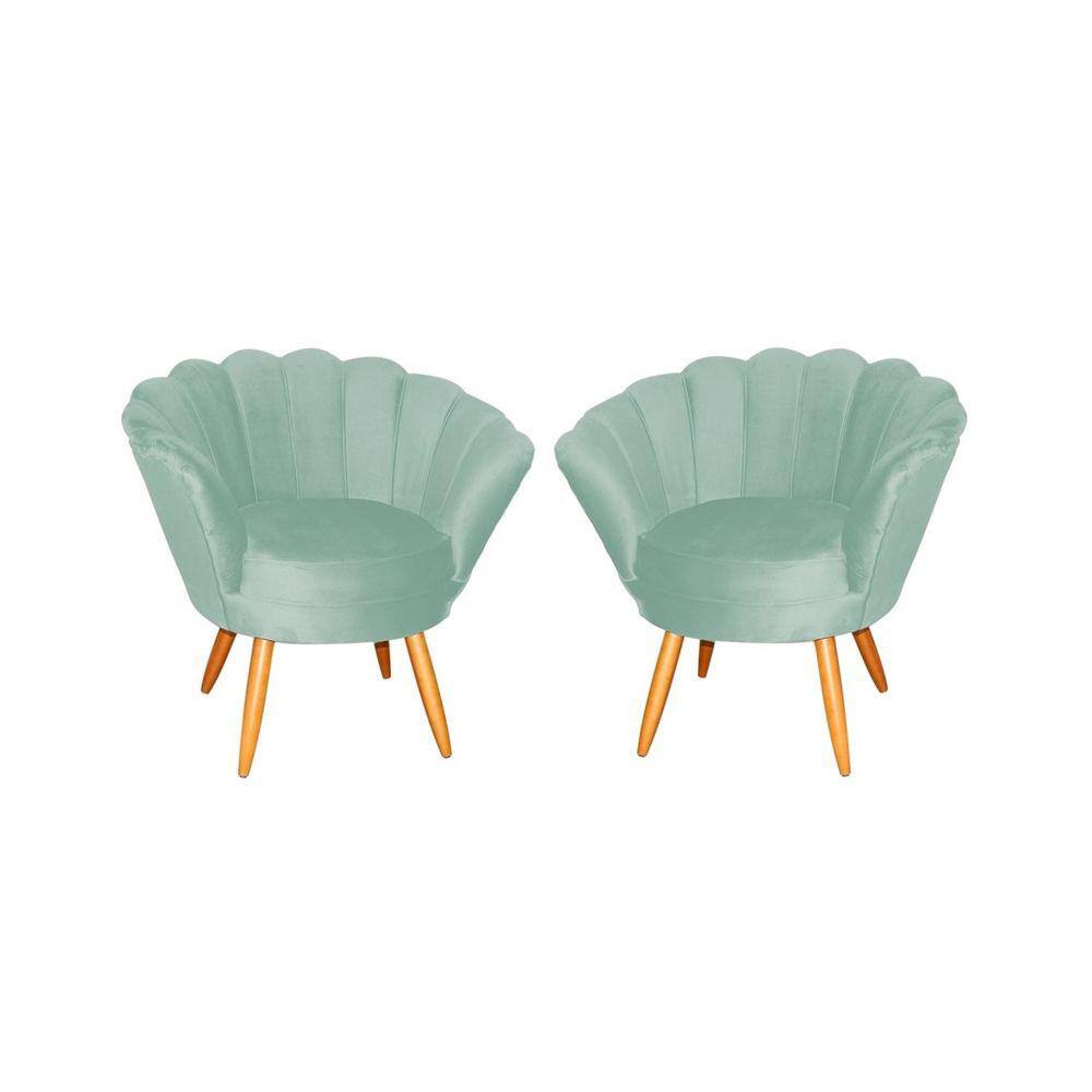 Kit 2 Poltronas Decorativa Pétala Veludo Acqua Pés Madeira Mz Decor