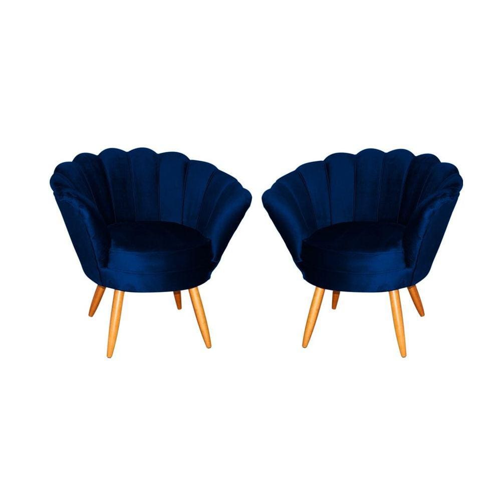 Kit 2 Poltronas Decorativa Pétala Veludo Azul Marinho Pés Madeira Mz Decor
