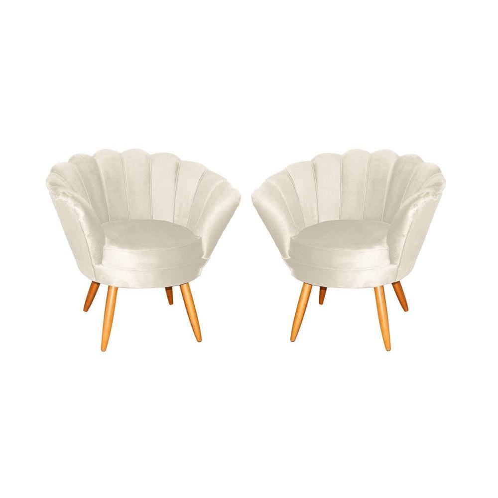 Kit 2 Poltronas Decorativa Pétala Veludo Bege Pés Madeira Mz Decor