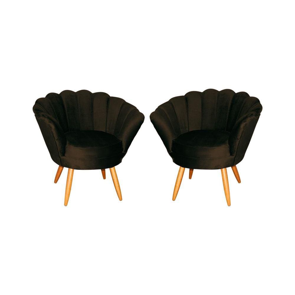 Kit 2 Poltronas Decorativa Pétala Veludo Marrom Pés Madeira Mz Decor