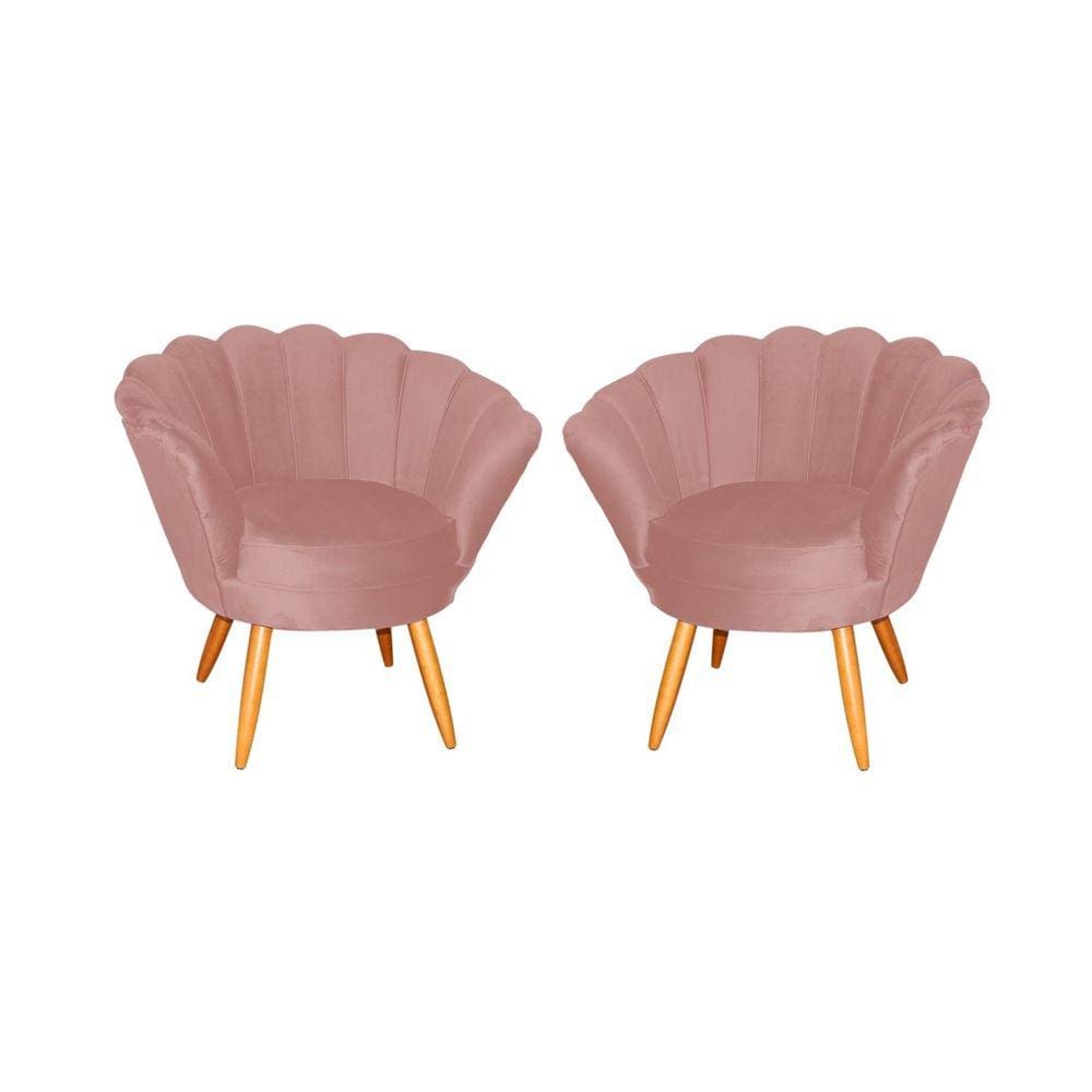 Kit 2 Poltronas Decorativa Pétala Veludo Rosa Pés Madeira Mz Decor