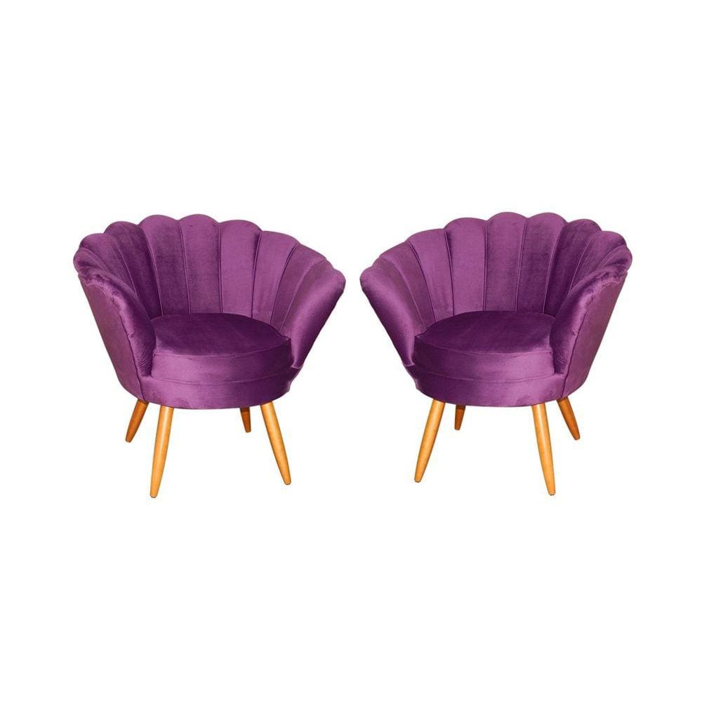 Kit 2 Poltronas Decorativa Pétala Veludo Roxo Pés Madeira Mz Decor