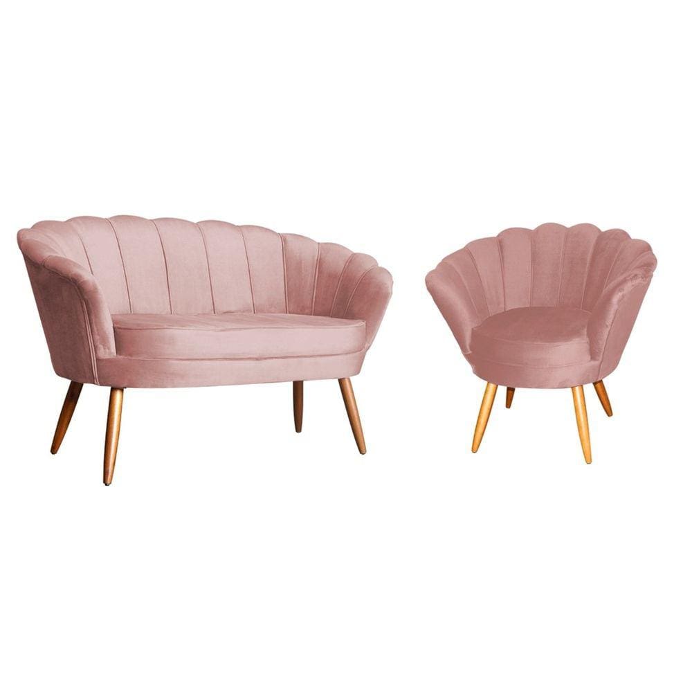 Kit Namoradeira + 1 Poltrona Decorativa Pétala Veludo Rosa Pés Madeira Mz Decor