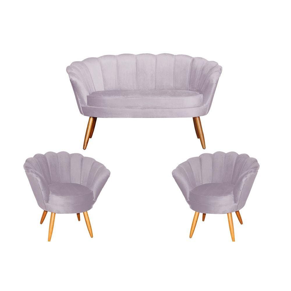 Kit Namoradeira + 2 Poltronas Decorativa Pétala Veludo Rosê Pés Madeira Mz Decor