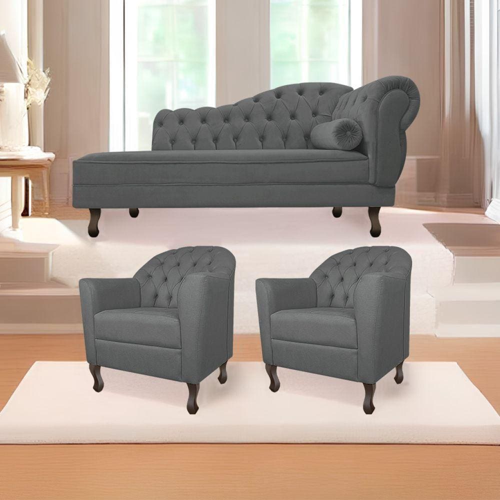 Kit Diva Recamier Diana 130Cm Lado Esquerdo E 02 Poltronas Julia Corano - Doce Sonho Móveis Cinza