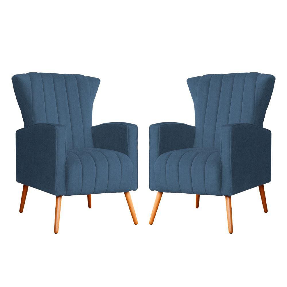 Kit 2 Poltronas Decorativa Melinda Suede Azul Royal Pés Madeira Mz Decor