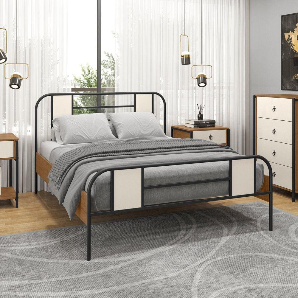Cama de Casal Tubular 138cm Sevilha Preto/Canela Rustico/Off White