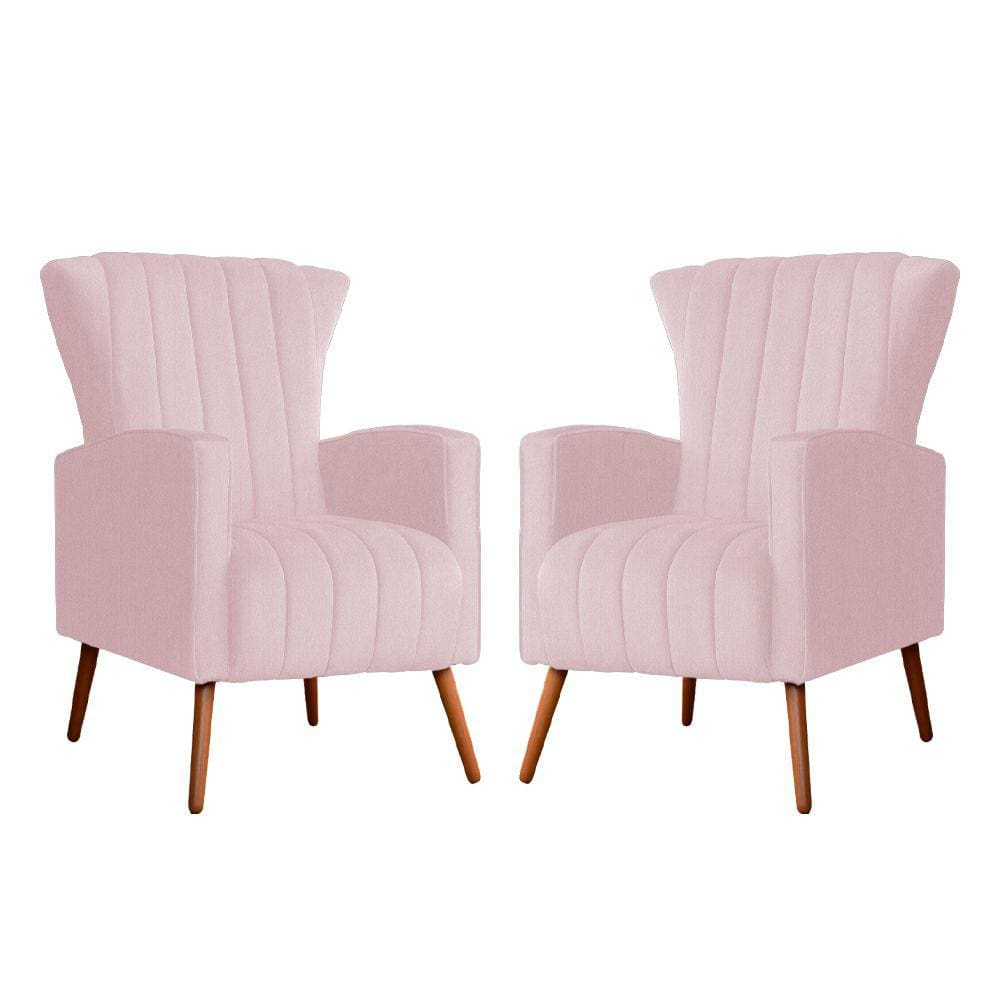 Kit 2 Poltronas Decorativa Melinda Suede Rosa Bebê Pés Madeira Mz Decor