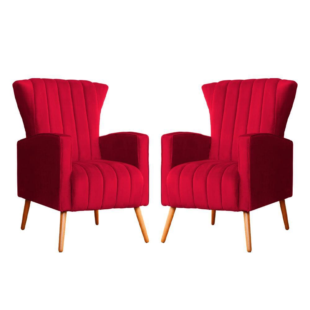 Kit 2 Poltronas Decorativa Melinda Veludo Vermelho Pés Madeira Mz Decor