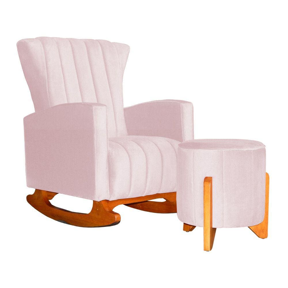 Poltrona Com Balanço E Puff Melinda Suede Rosa Bebê Mz Decor