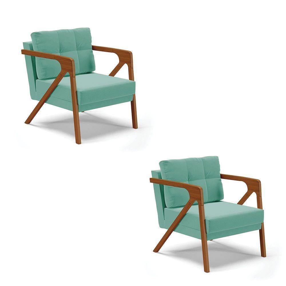 02 Poltronas Suede Base De Madeira Castanho Azul Turquesa