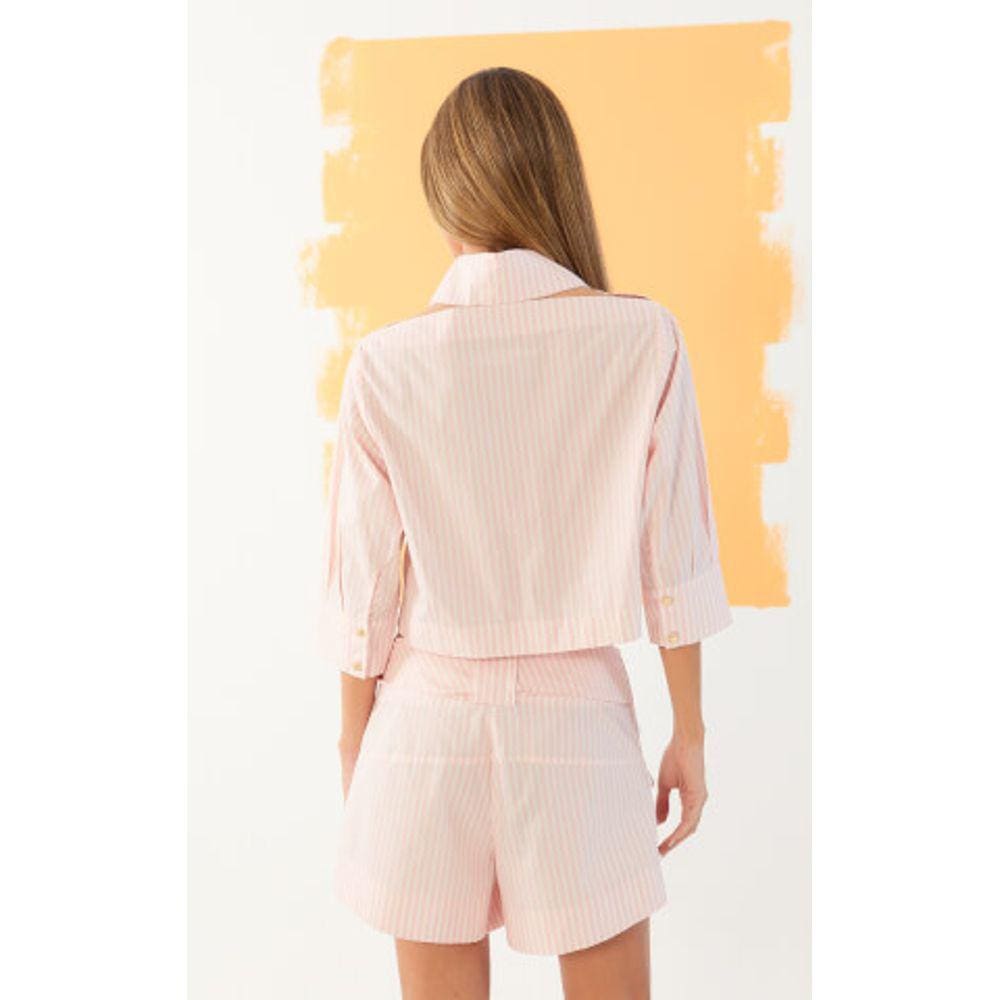 Short Listrado Com Bordado Manual Listrado Open Feminino