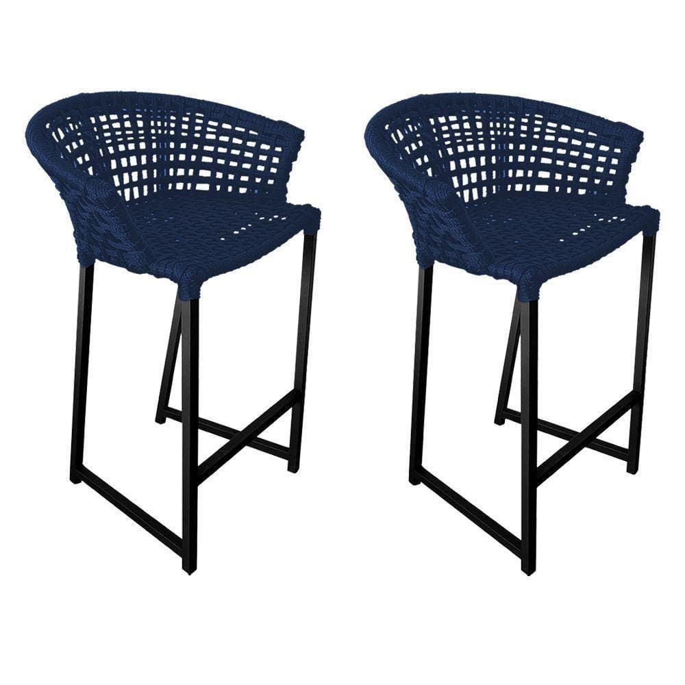 Kit 2 Banquetas Reis Em Corda Náutica E Base Em Alumínio Preta Para área Gourmet Azul Marinho Azul