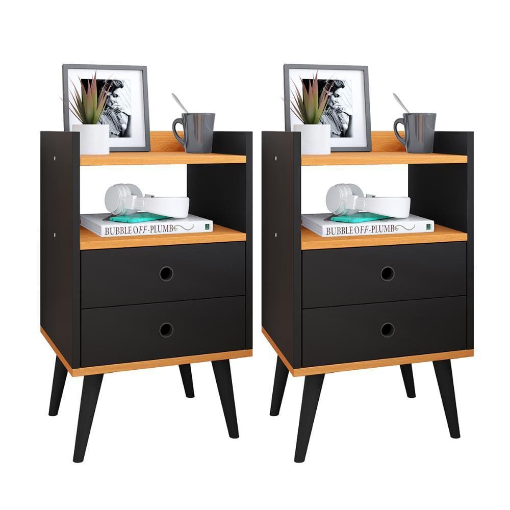 Kit 2 Mesas de Cabeceira Mesinhas Decorativas Quarto Com Nicho e 2 Gavetas Retrô Dream Plus - Preto/Cinamomo- Lojas RPM